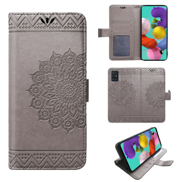 Handy Tasche für Samsung Galaxy A51 SM-A515 Hülle Case Buchhülle Klapphülle TPU Mandala Grau