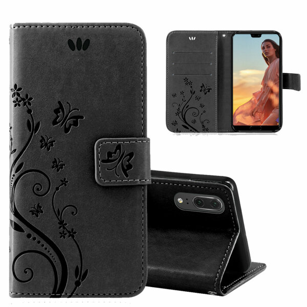 Huawei P20 Handy Tasche Handyhülle Wallet Schutz Buch Hülle Blumen Flip Cover