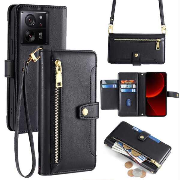 Handykette Xiaomi Hülle mit Band Handyhülle Kartenfächer PU Leder Umhängetasche 13T / 13T Pro Schwarz