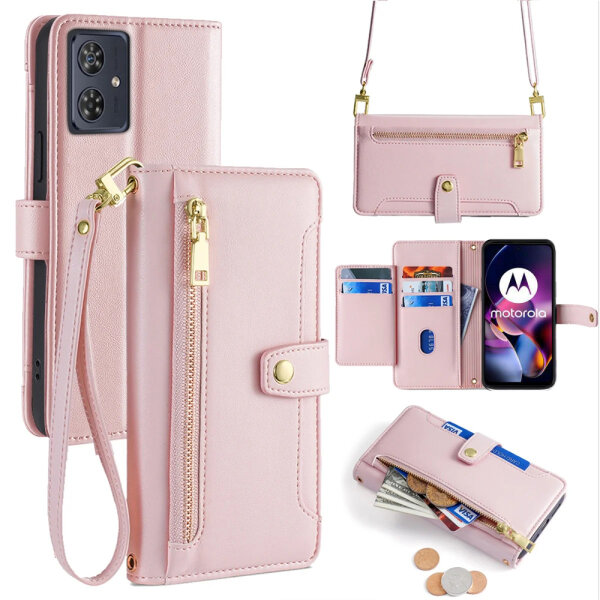 Handykette Motorola Hülle mit Band Handyhülle Kartenfächer Leder Umhängetasche Moto G54 Rosa