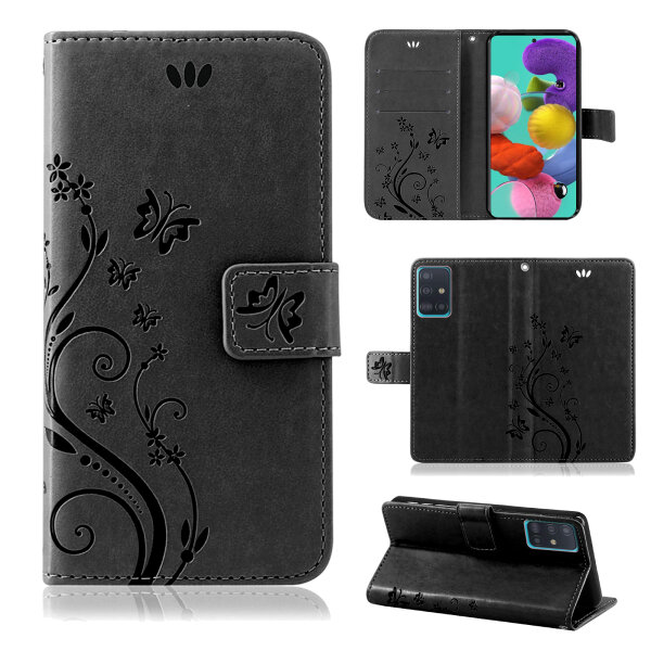 Handy Tasche für Samsung Galaxy A51 SM-A515 Hülle Case Buchhülle Klapphülle TPU Blume Schwarz