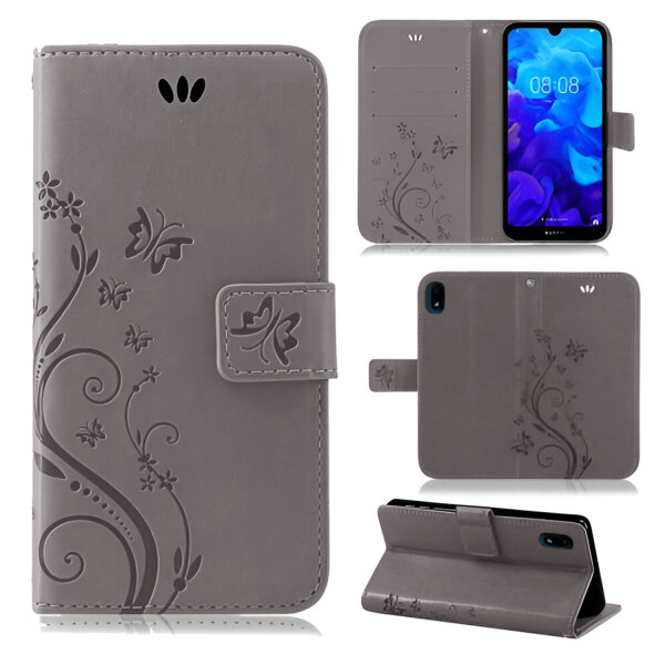 Huawei Handy Tasche Handyhülle Schutz Hülle Blumen Flip Cover Buch Case Etui Huawei Y5 2019 Grau