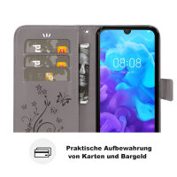 Huawei Handy Tasche Handyhülle Schutz Hülle Blumen Flip Cover Buch Case Etui Huawei Y5 2019 Grau