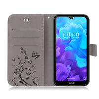 Huawei Handy Tasche Handyhülle Schutz Hülle Blumen Flip Cover Buch Case Etui Huawei Y5 2019 Grau