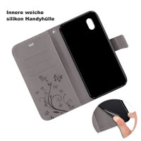 Huawei Handy Tasche Handyhülle Schutz Hülle Blumen Flip Cover Buch Case Etui Huawei Y5 2019 Grau