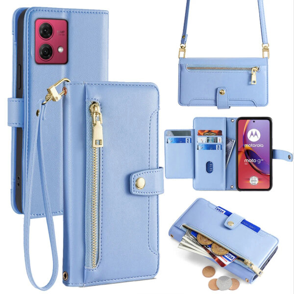 Handykette Motorola Hülle mit Band Handyhülle Kartenfächer Leder Umhängetasche Moto G84 Hellblau