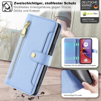 Handykette Motorola Hülle mit Band Handyhülle Kartenfächer Leder Umhängetasche Moto G84 Hellblau