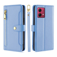 Handykette Motorola Hülle mit Band Handyhülle Kartenfächer Leder Umhängetasche Moto G84 Hellblau