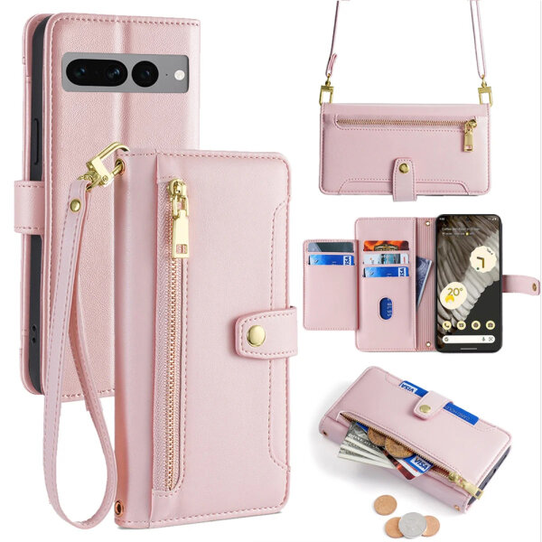 Handykette Google Hülle mit Band Handyhülle Kartenfächer PU Leder Umhängetasche Pixel 7 Pro Rosa