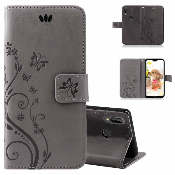 Huawei Handy Tasche Handyhülle Schutz Hülle Blumen Flip Cover Buch Case Etui Huawei P20 Lite Grau