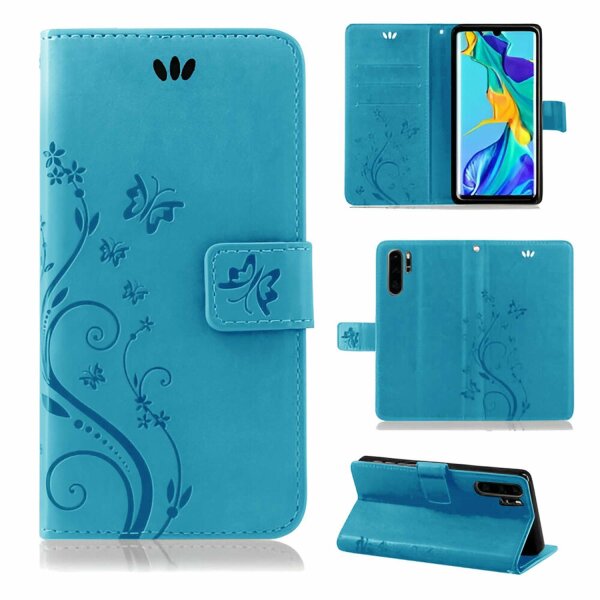 Huawei Handy Tasche Handyhülle Schutz Hülle Blumen Flip Cover Buch Case Etui Huawei P30 Pro Blau