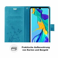 Huawei Handy Tasche Handyhülle Schutz Hülle Blumen Flip Cover Buch Case Etui Huawei P30 Pro Blau