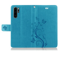 Huawei Handy Tasche Handyhülle Schutz Hülle Blumen Flip Cover Buch Case Etui Huawei P30 Pro Blau