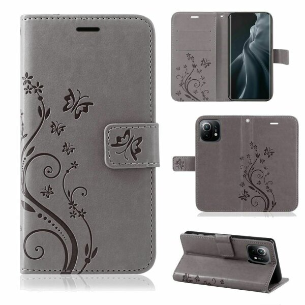Xiaomi Handy Tasche Handyhülle Schutz Hülle Blumen Flip Cover Wallet Case Etui Xiaomi Mi 11 5G Grau