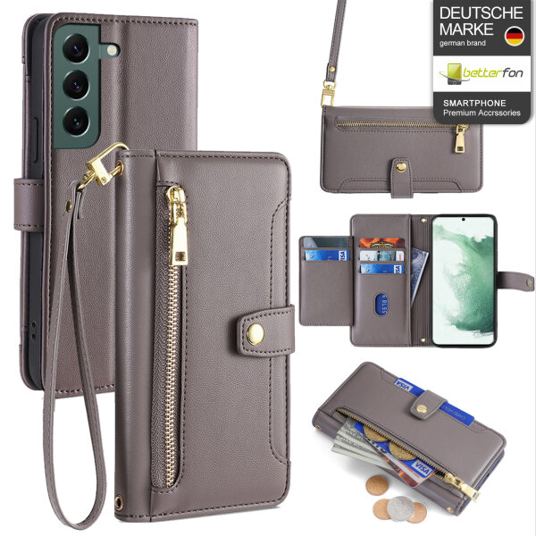 Handykette Samsung Hülle mit Band Handyhülle Kartenfächer PU Leder Umhängetasche Galaxy S22+ Grau