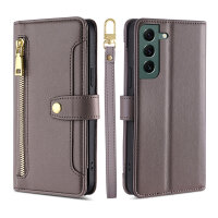 Handykette Samsung Hülle mit Band Handyhülle Kartenfächer PU Leder Umhängetasche Galaxy S22+ Grau
