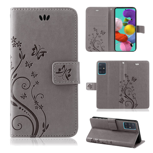 Handy Tasche für Samsung Galaxy A51 SM-A515 Hülle Case Buchhülle Klapphülle TPU Blume Grau