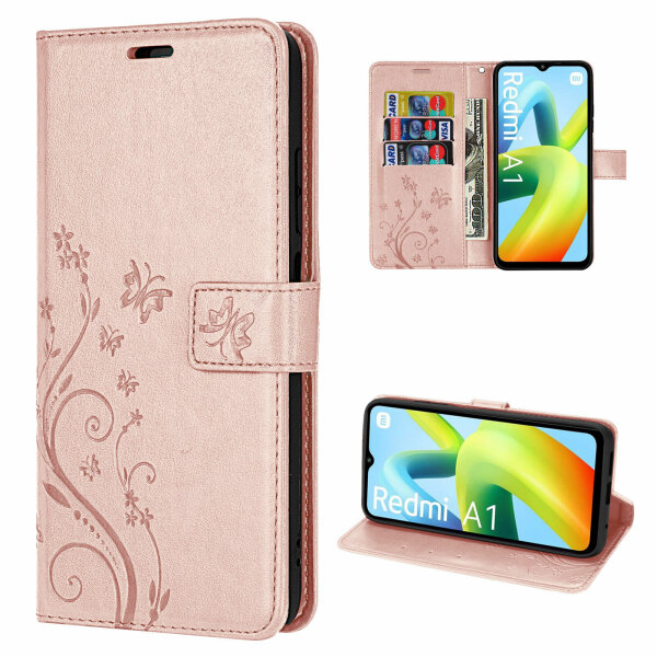 Hülle Xiaomi Redmi A1, Handy Tasche Handyhülle Flip Wallet Case Klapphülle Etui Rosegold