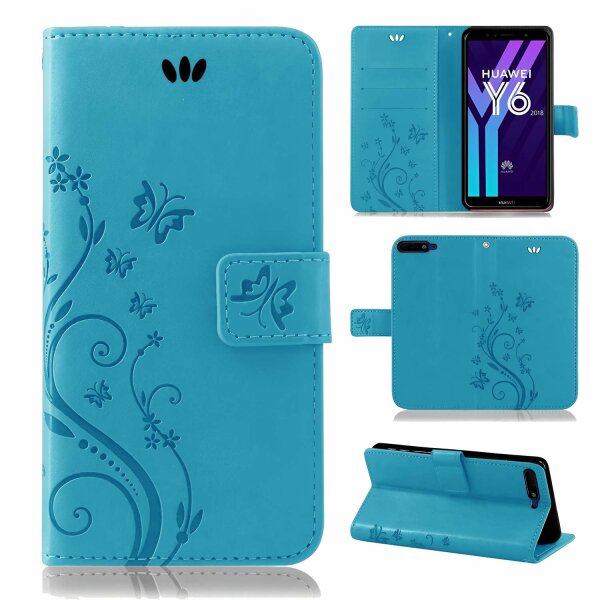 Huawei Handy Tasche Handyhülle Schutz Hülle Blumen Flip Cover Buch Case Etui Huawei Y6 2018 Blau