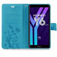 Huawei Handy Tasche Handyhülle Schutz Hülle Blumen Flip Cover Buch Case Etui Huawei Y6 2018 Blau