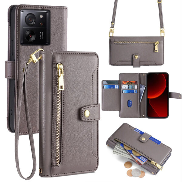 Handykette Xiaomi Hülle mit Band Handyhülle Kartenfächer PU Leder Umhängetasche 13T / 13T Pro Grau