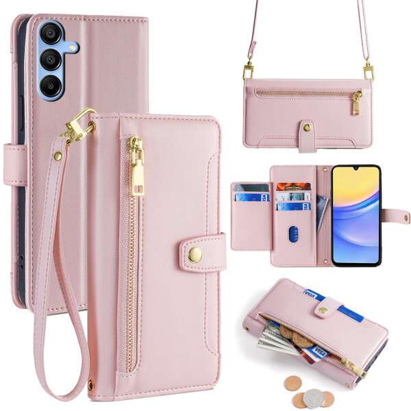 Handykette Samsung Hülle mit Band Handyhülle Kartenfächer PU Leder Umhängetasche Galaxy A15 Rosa