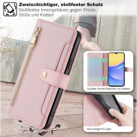 Handykette Samsung Hülle mit Band Handyhülle Kartenfächer PU Leder Umhängetasche Galaxy A15 Rosa