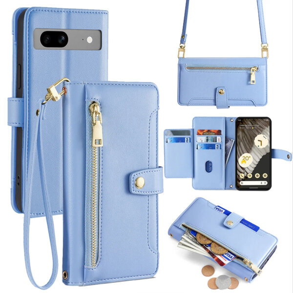 Handykette Google Hülle mit Band Handyhülle Kartenfächer PU Leder Umhängetasche Pixel 7 Hellblau