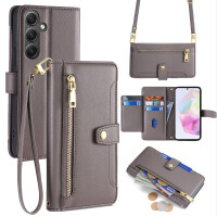 Handykette Samsung Hülle mit Band Handyhülle Kartenfächer PU Leder Umhängetasche Galaxy A35 Grau