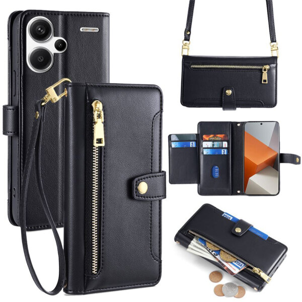 Handykette Xiaomi Hülle mit Band Handyhülle Kartenfächer PU Leder Umhängetasche Redmi Note 13 Pro+ 5G Schwarz