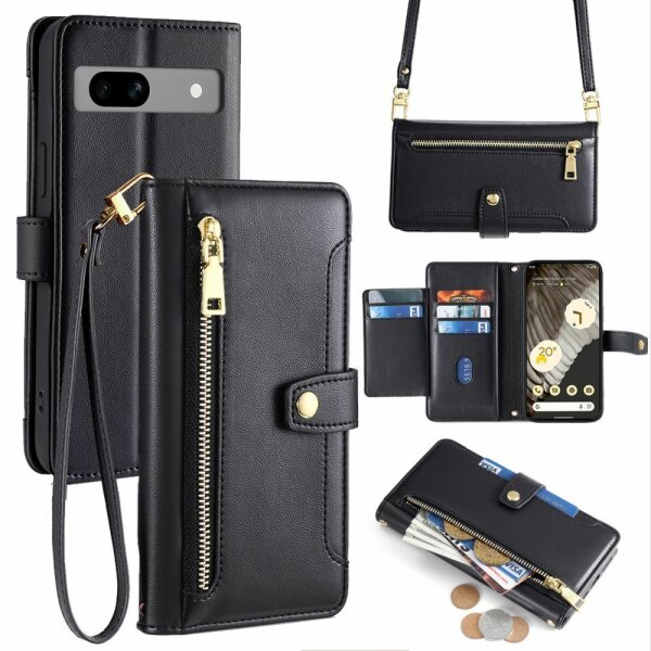 Handykette Google Hülle mit Band Handyhülle Kartenfächer PU Leder Umhängetasche Pixel 7A Schwarz