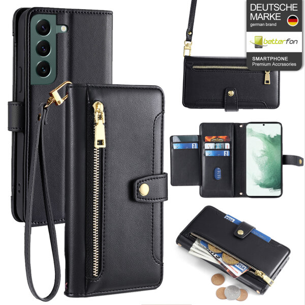 Handykette Samsung Hülle mit Band Handyhülle Kartenfächer PU Leder Umhängetasche Galaxy S22+ Schwarz