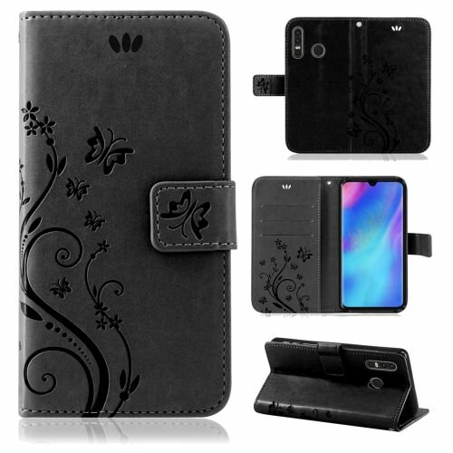 Huawei Handy Tasche Handyhülle Schutz Hülle Blumen Flip Cover Buch Case Etui Huawei P30 Lite Grau