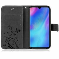 Huawei Handy Tasche Handyhülle Schutz Hülle Blumen Flip Cover Buch Case Etui Huawei P30 Lite Grau