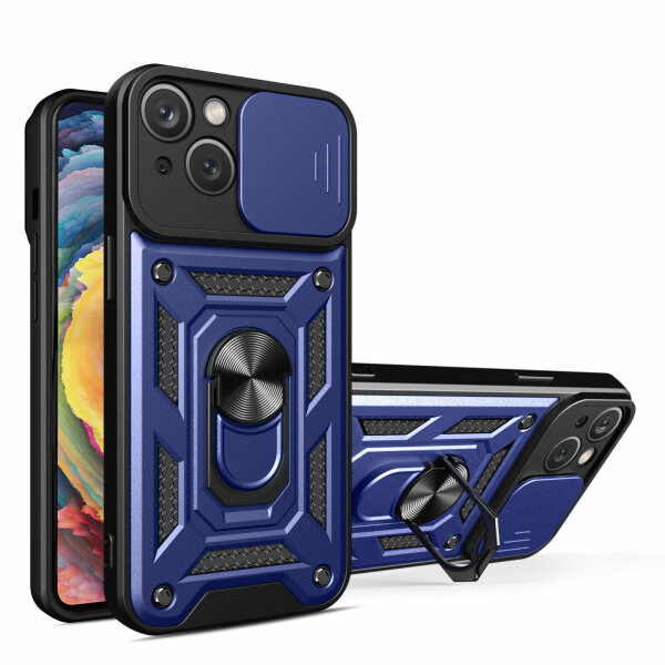Panzer Hülle iPhone 15 /Pro /Pro Max/Plus Handyhülle mit Kameraschutz Ringhalter Blau iPhone 15 Plus