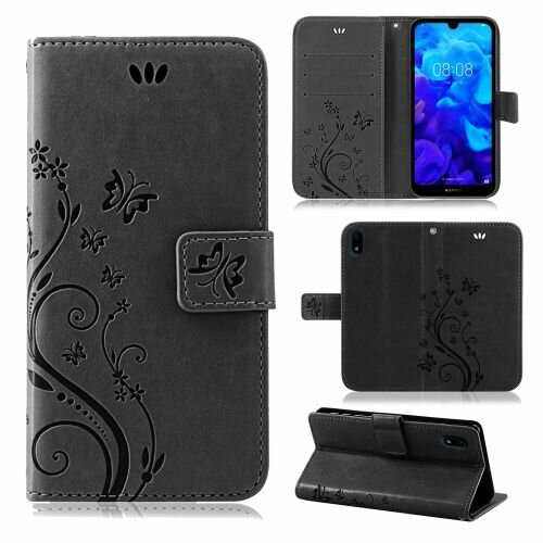 Huawei Handy Tasche Handyhülle Schutz Hülle Blumen Flip Cover Buch Case Etui Huawei Y5 2019 Schwarz
