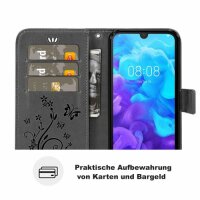 Huawei Handy Tasche Handyhülle Schutz Hülle Blumen Flip Cover Buch Case Etui Huawei Y5 2019 Schwarz
