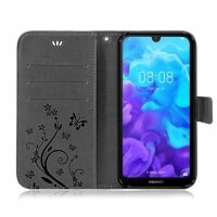 Huawei Handy Tasche Handyhülle Schutz Hülle Blumen Flip Cover Buch Case Etui Huawei Y5 2019 Schwarz