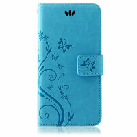 Huawei Handy Tasche Handyhülle Schutz Hülle Blumen Flip Cover Buch Case Etui Huawei Y6 2019 Blau