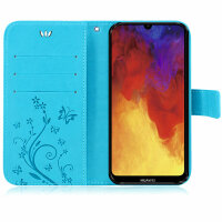 Huawei Handy Tasche Handyhülle Schutz Hülle Blumen Flip Cover Buch Case Etui Huawei Y6 2019 Blau