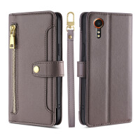 Handykette Samsung Hülle mit Band Handyhülle Kartenfächer PU Leder Umhängetasche Galaxy Xcover 7 Grau