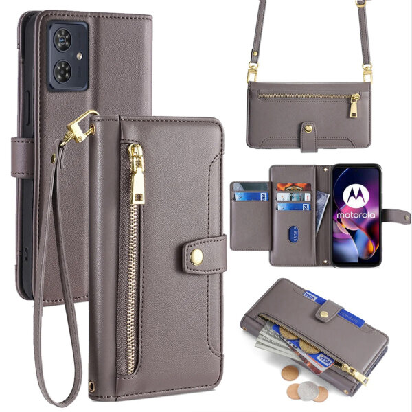 Handykette Motorola Hülle mit Band Handyhülle Kartenfächer Leder Umhängetasche Moto G54 Grau