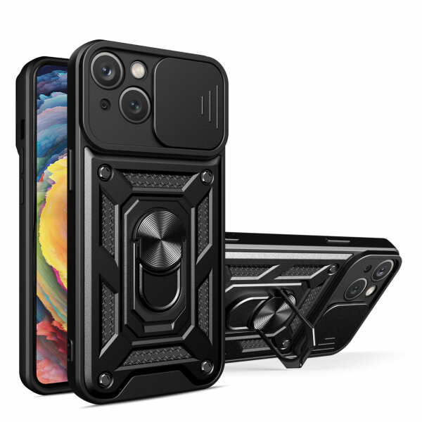 Panzer Hülle iPhone 15 /Pro /Pro Max/Plus Handyhülle mit Kameraschutz Ringhalter Schwarz iPhone 15