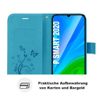 Huawei Handy Tasche Handyhülle Schutz Hülle Blumen Flip Cover Buch Case Etui Huawei P Smart 2020 Blau