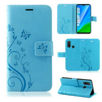 Huawei Handy Tasche Handyhülle Schutz Hülle Blumen Flip Cover Buch Case Etui Huawei P Smart 2020 Blau