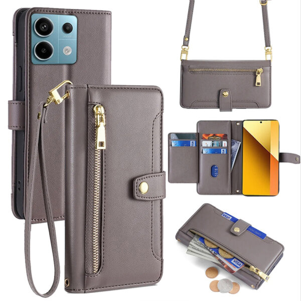 Handykette Xiaomi Hülle mit Band Handyhülle Kartenfächer PU Leder Umhängetasche Redmi Note 13 4G Grau