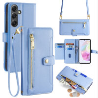 Handykette Samsung Hülle mit Band Handyhülle Kartenfächer PU Leder Umhängetasche Galaxy A35 Hellblau