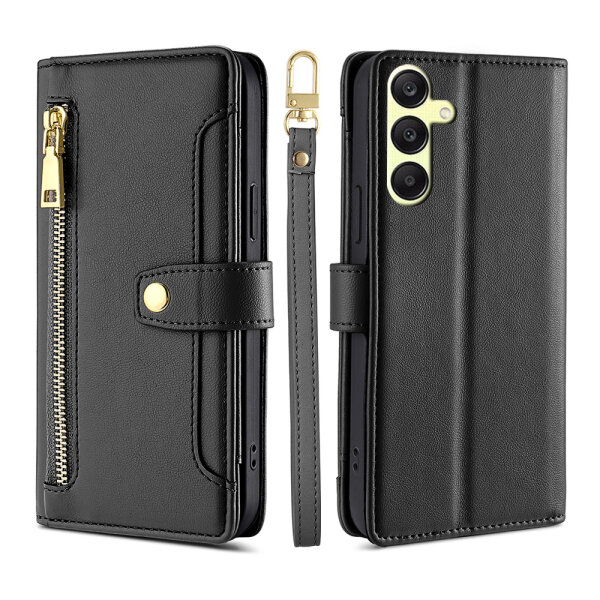 Handykette Samsung Hülle mit Band Handyhülle Kartenfächer PU Leder Umhängetasche Galaxy A25 Schwarz