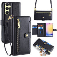 Handykette Samsung Hülle mit Band Handyhülle Kartenfächer PU Leder Umhängetasche Galaxy A25 Schwarz