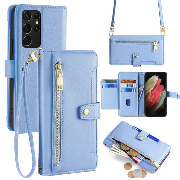 Handykette für Samsung Galaxy S21 Ultra – Handyhülle mit Band PU-Leder Hellblau